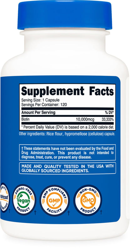 Nutricost Biotin (Vitamin B7) 10,000mcg (10mg), 120 Capsules - Vegan, Gluten Free, Non-GMO