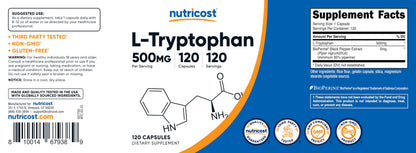 Nutricost L-Tryptophan 500mg – 120 Capsules per Bottle, with BioPerine, Gluten Free, Non-GMO (Pack of 2)