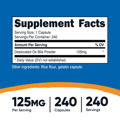 Nutricost Ox Bile Capsules 125mg, 240 Capsules - Non-GMO
