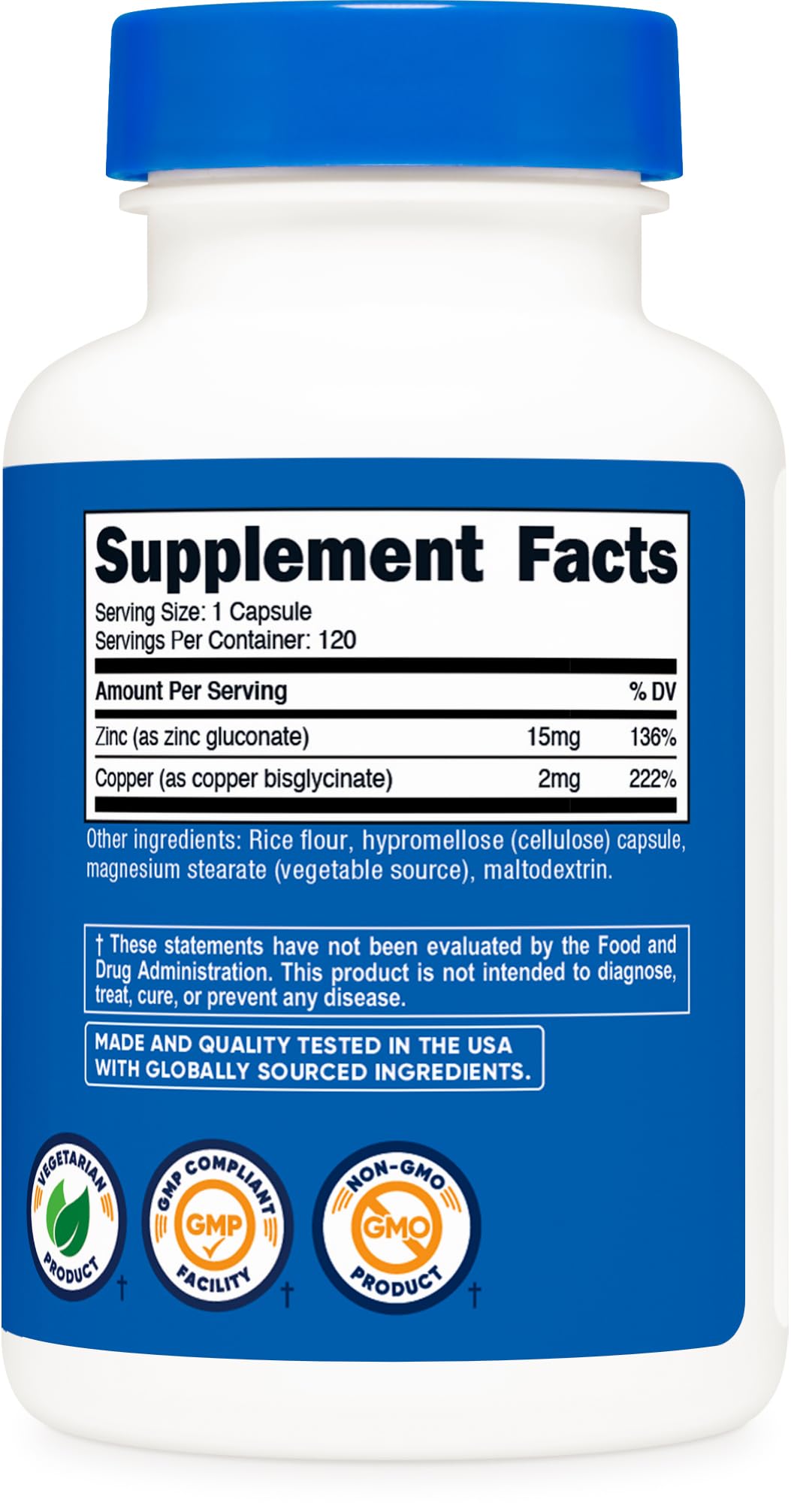 Nutricost Zinc + Copper Capsules (120 Servings) - 15mg Zinc + 2mg Copper per Serving | Non-GMO, Vegetarian