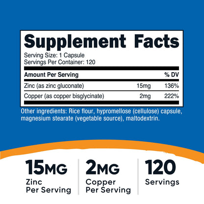 Nutricost Zinc + Copper Capsules – 120 Servings (15mg Zn / 2mg Cu) – Non-GMO, Vegetarian (Pack of 2)