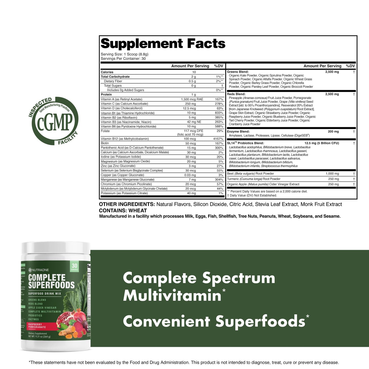 Complete Superfoods, Greens & Reds Blend*, Apple Cider Vinegar, Digestive Enzyme Blend*, Probiotic Blend*, Multivitamin* (Raspberry Pomegranate - 30 Servings)