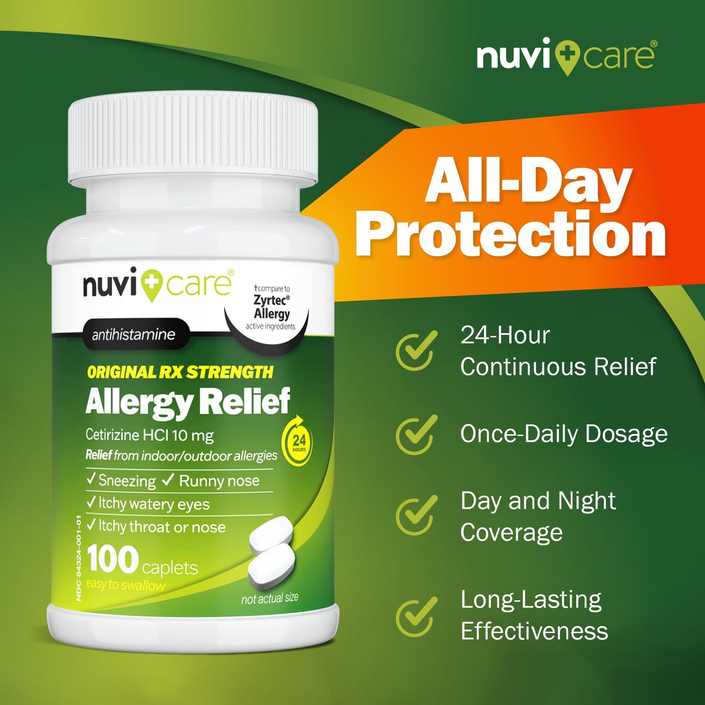 NUVICARE 24-Hour Allergy Medicine 10mg Cetirizine – Compare to Zyrtec (2 Pack)