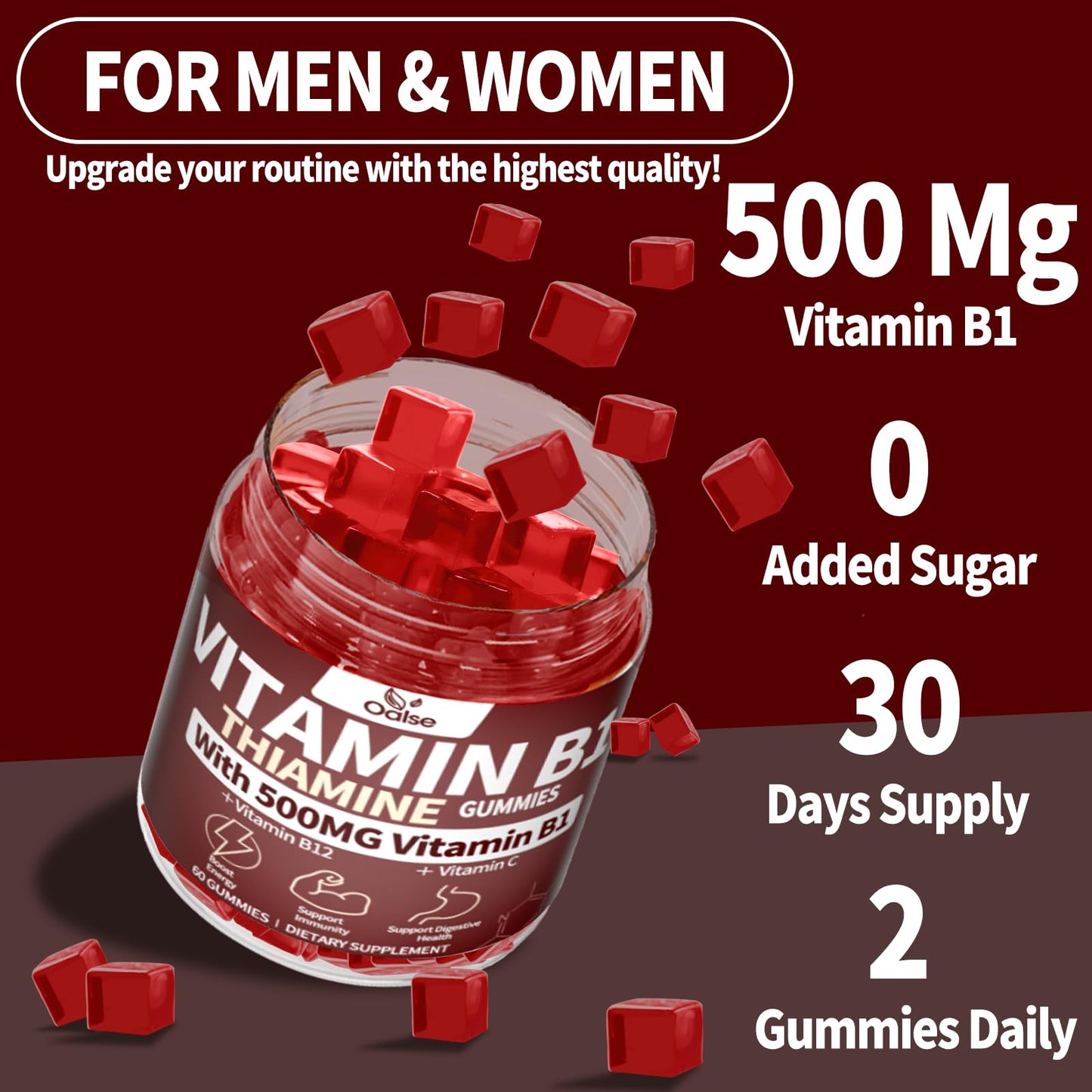 OALSE Thiamine Vitamin B1 Gummies - 500g, Vegan Sugar-Free Mixed Berry (60 Count)