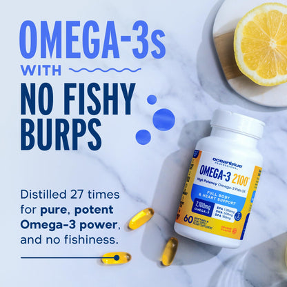 Oceanblue Professional Omega-3 2100mg Fish Oil – Triple Strength EPA, DHA & DPA | Burpless, Wild-Caught, Orange Flavor | 138 Count