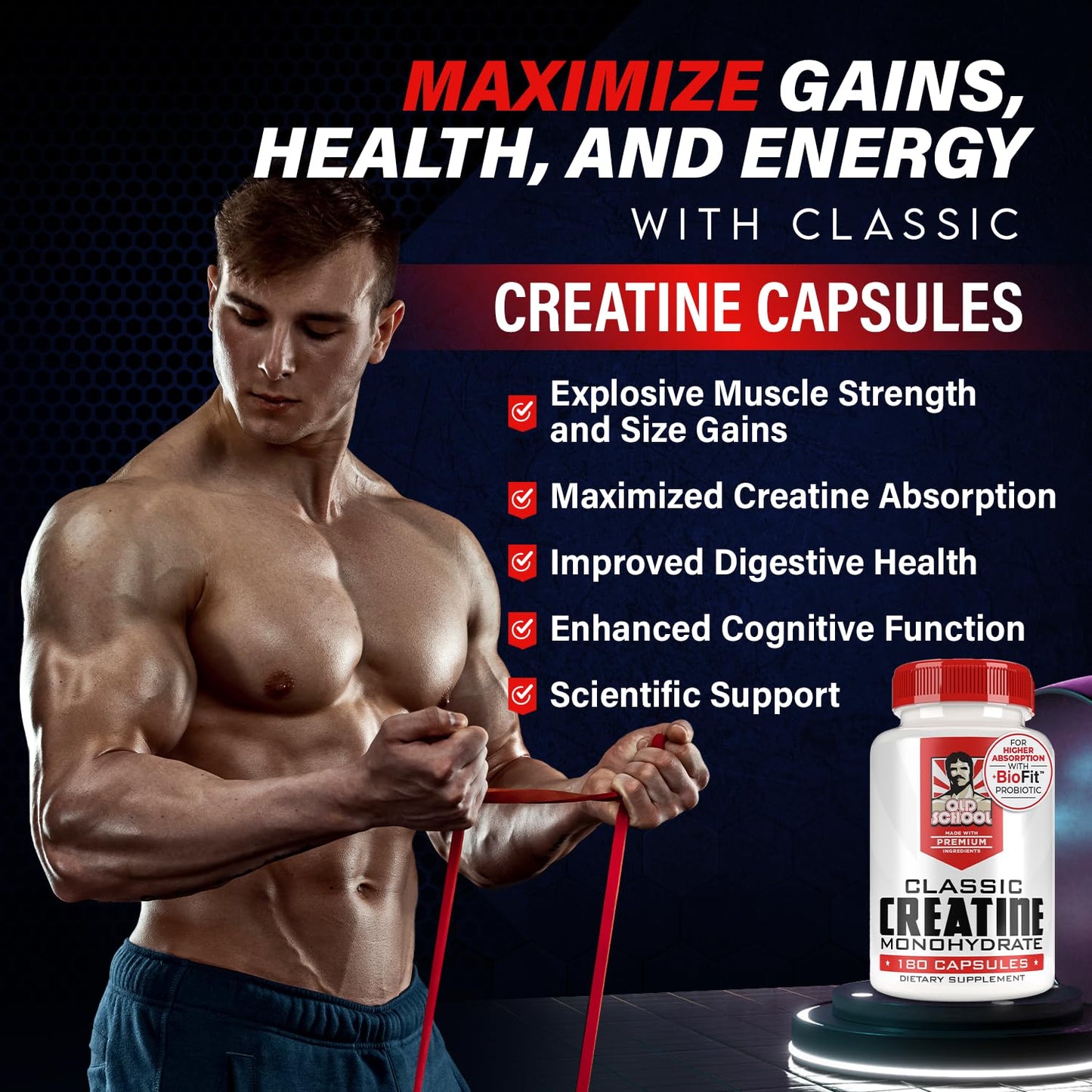 Old School Labs Creatine Monohydrate 5000mg with BioFit Probiotics - Max Strength (USA)