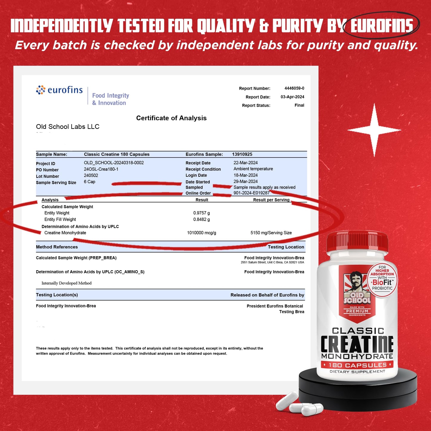Old School Labs Creatine Monohydrate 5000mg with BioFit Probiotics - Max Strength (USA)