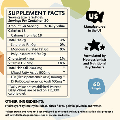 Omega-3 Supplement by PYM for Mood and Emotional Support (60 Count) | Omega-3 Fatty Acids, DHA, EPA & Vitamin E | Non-GMO, Gluten-Free, No Added Sugar