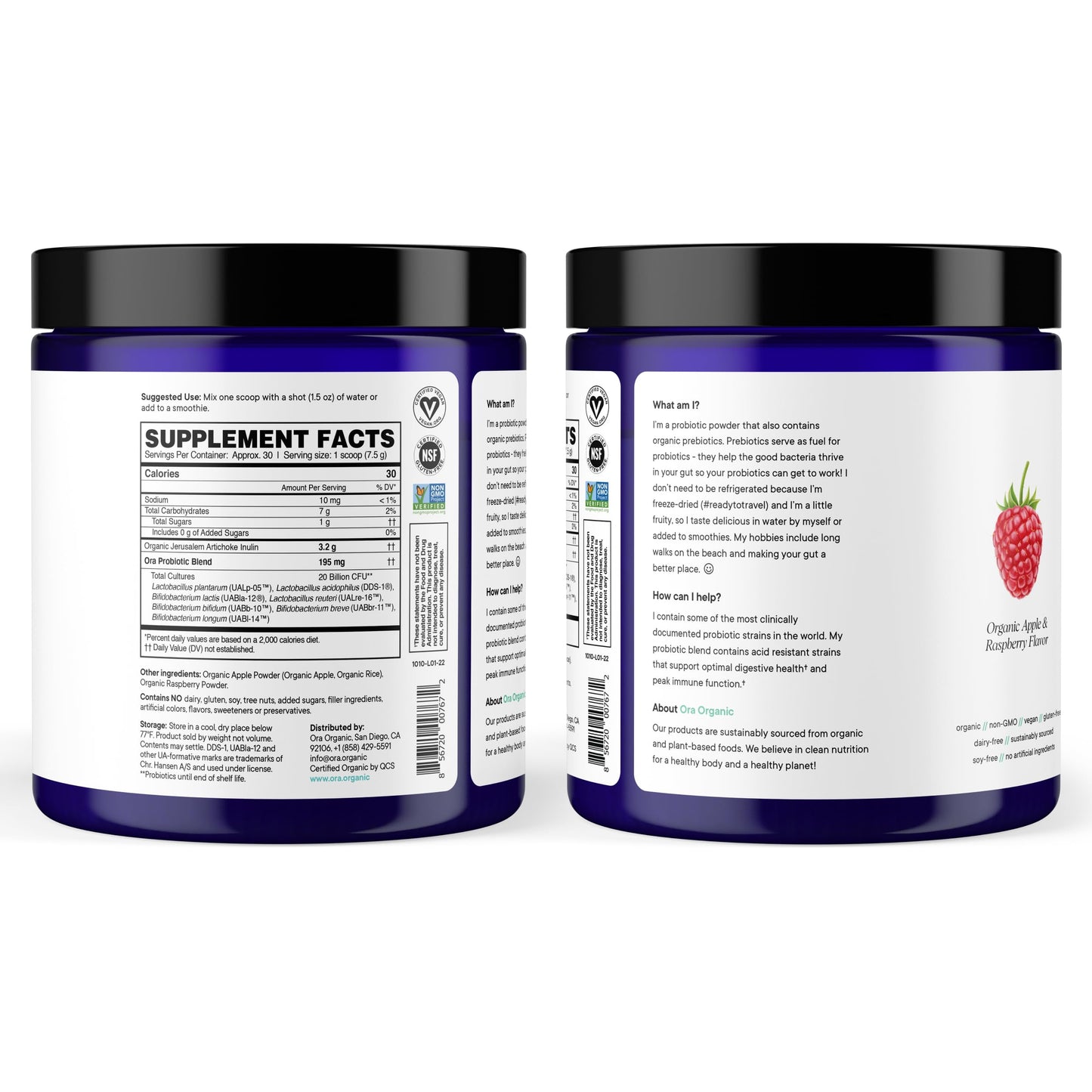 Ora Organic Prebiotic & Probiotic Powder – 20B CFU, 7 Strains, Apple Raspberry Flavor, 30 Servings