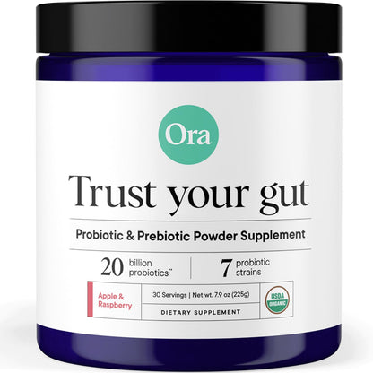 Ora Organic Prebiotic & Probiotic Powder – 20B CFU, 7 Strains, Apple Raspberry Flavor, 30 Servings