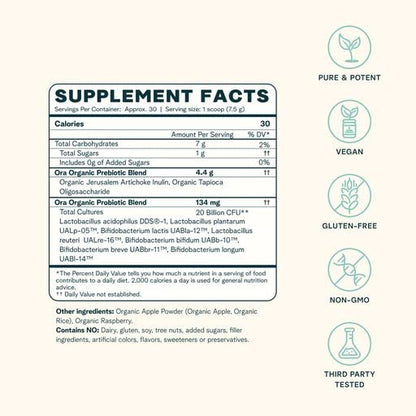 Ora Organic Prebiotic & Probiotic Powder – 20B CFU, 7 Strains, Apple Raspberry Flavor, 30 Servings