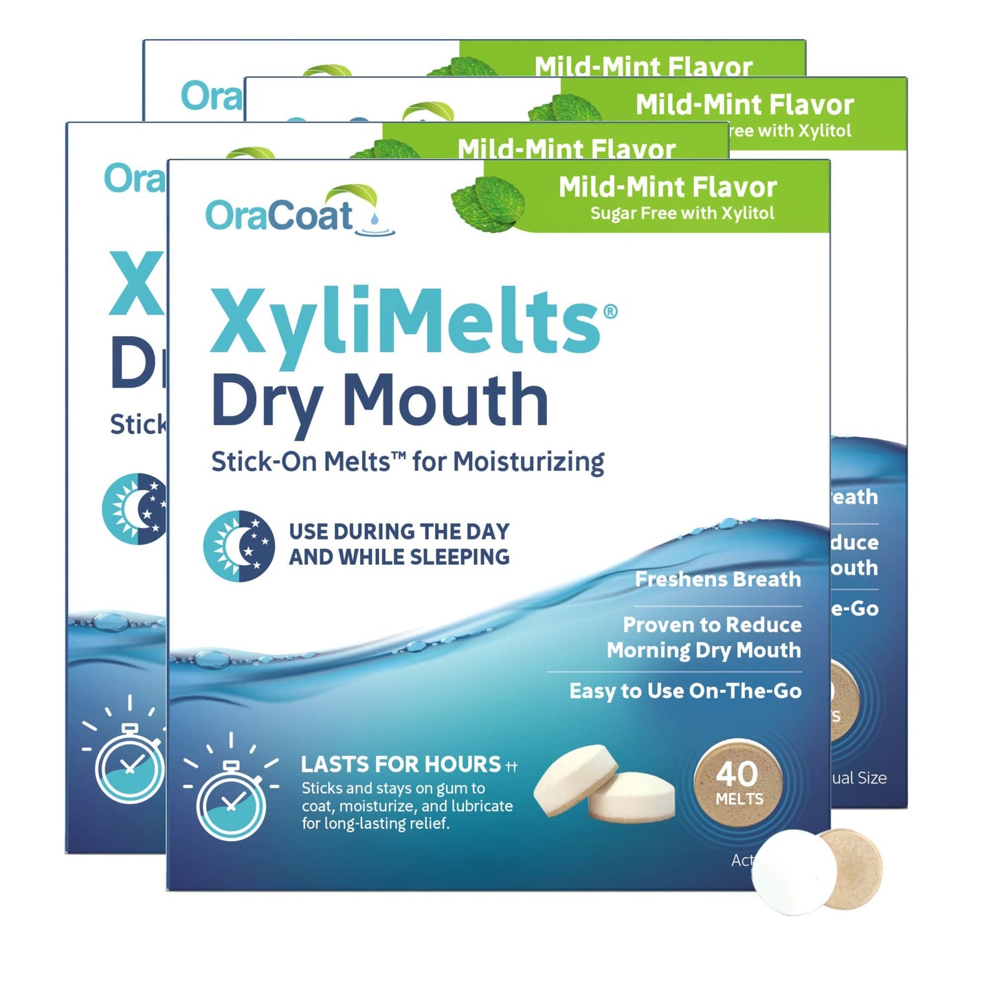 Oracoat XyliMelts Dry Mouth Relief – Day & Night Adhering Discs, 40 Count (Pack of 4), Sugar-Free Xylitol, Mild Mint, 8-Hour Relief
