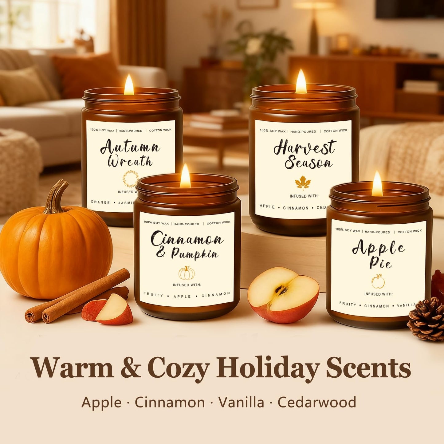 Holiday Candle Gift Set – Cinnamon Pumpkin, Apple Vanilla, Orange Jasmine & Cedarwood Spice | Long-Lasting Soy Candles