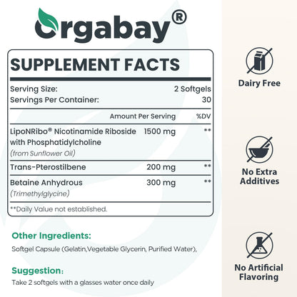 Orgabay Liposomal NAD+ Supplement 500 mg | High Absorption with 250 mg TMG per Softgel | 120 Softgels