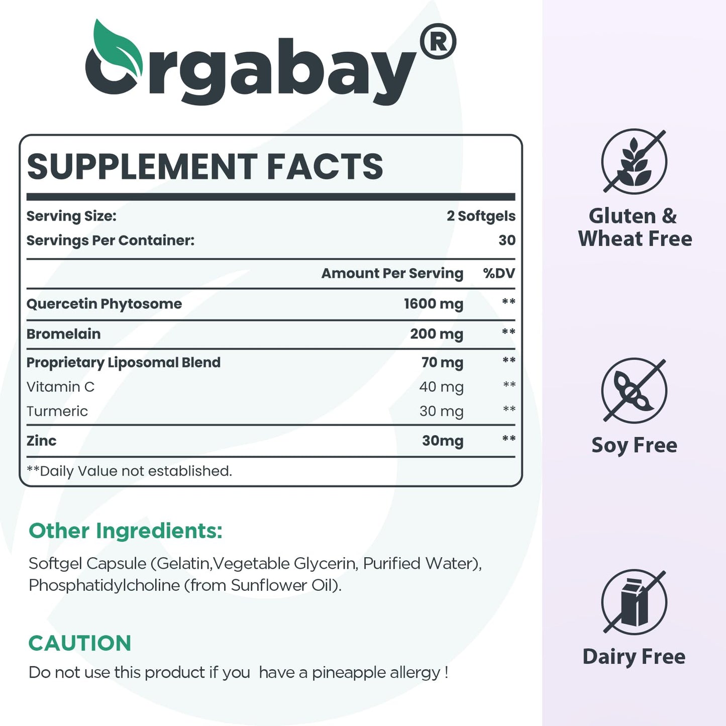 Orgabay Liposomal Quercetin Phytosome 1600 mg – Bromelain 200 mg, Zinc 30 mg, Vitamin C, Turmeric 40 mg | 120 Softgels