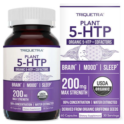 Organic 5-HTP 200mg, 99% Purity, B6 & Lion's Mane – 60 Capsules