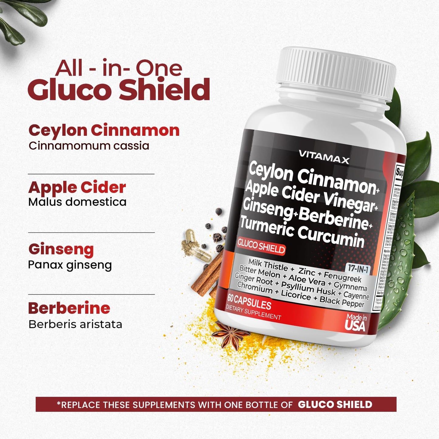 Gluco Health Support: Ceylon Cinnamon + Apple Cider Vinegar + Turmeric (60ct) – USA Made, Non-GMO