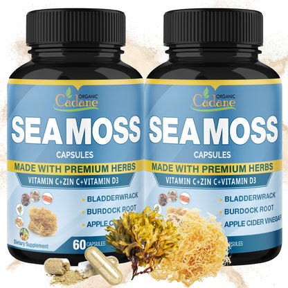 Organic Cadane 2 Packs Irish Sea Moss Powder Capsules & VitaminC, D3, Zin.C, Bladderwrack, Burdock Root, Apple Cider, Elderberry, Pepper - Supports Immune System & Overall Health