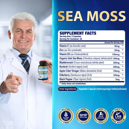 Organic Cadane 2 Packs Irish Sea Moss Powder Capsules & VitaminC, D3, Zin.C, Bladderwrack, Burdock Root, Apple Cider, Elderberry, Pepper - Supports Immune System & Overall Health