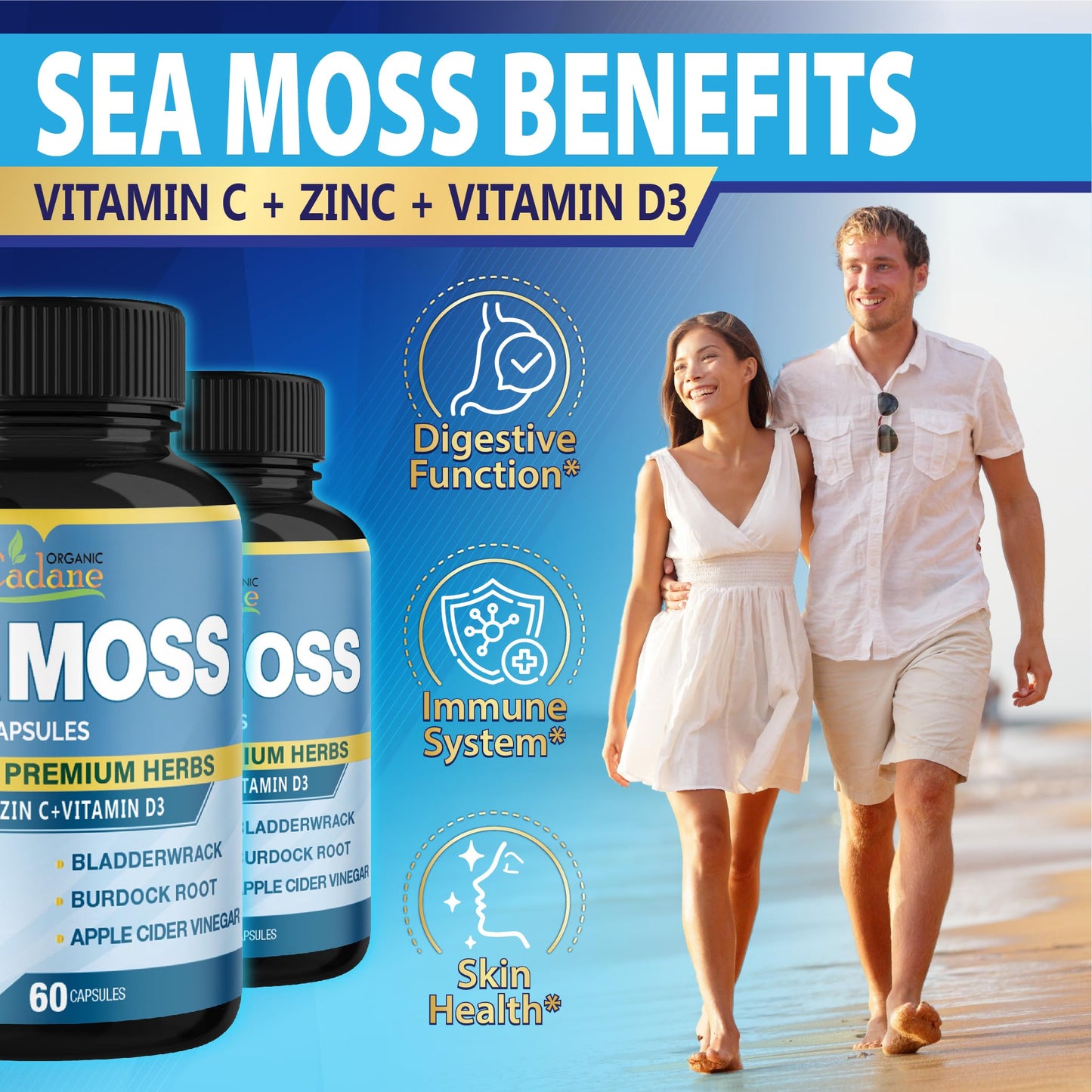 Organic Cadane 2 Packs Irish Sea Moss Powder Capsules & VitaminC, D3, Zin.C, Bladderwrack, Burdock Root, Apple Cider, Elderberry, Pepper - Supports Immune System & Overall Health