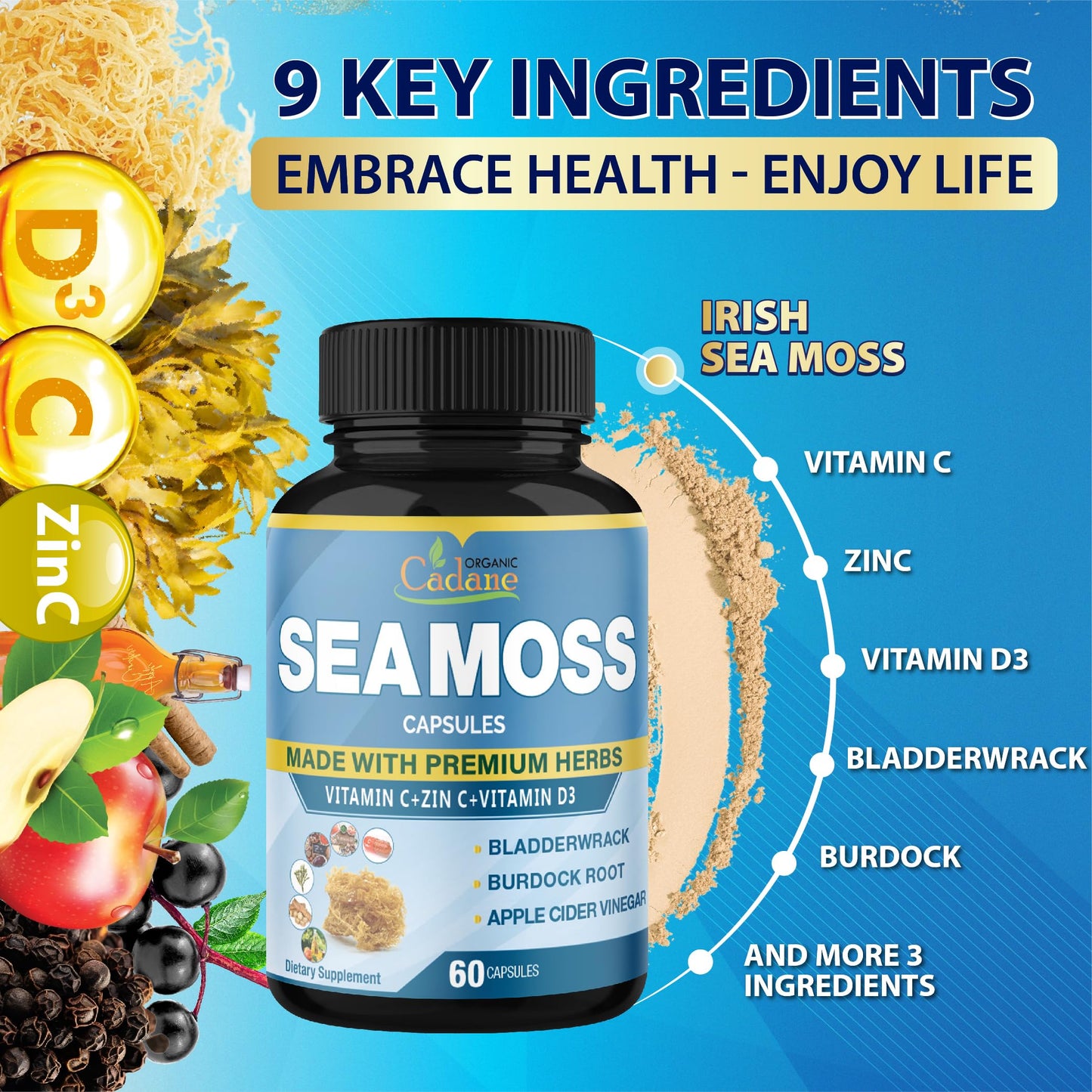 Organic Cadane 2 Packs Irish Sea Moss Powder Capsules & VitaminC, D3, Zin.C, Bladderwrack, Burdock Root, Apple Cider, Elderberry, Pepper - Supports Immune System & Overall Health