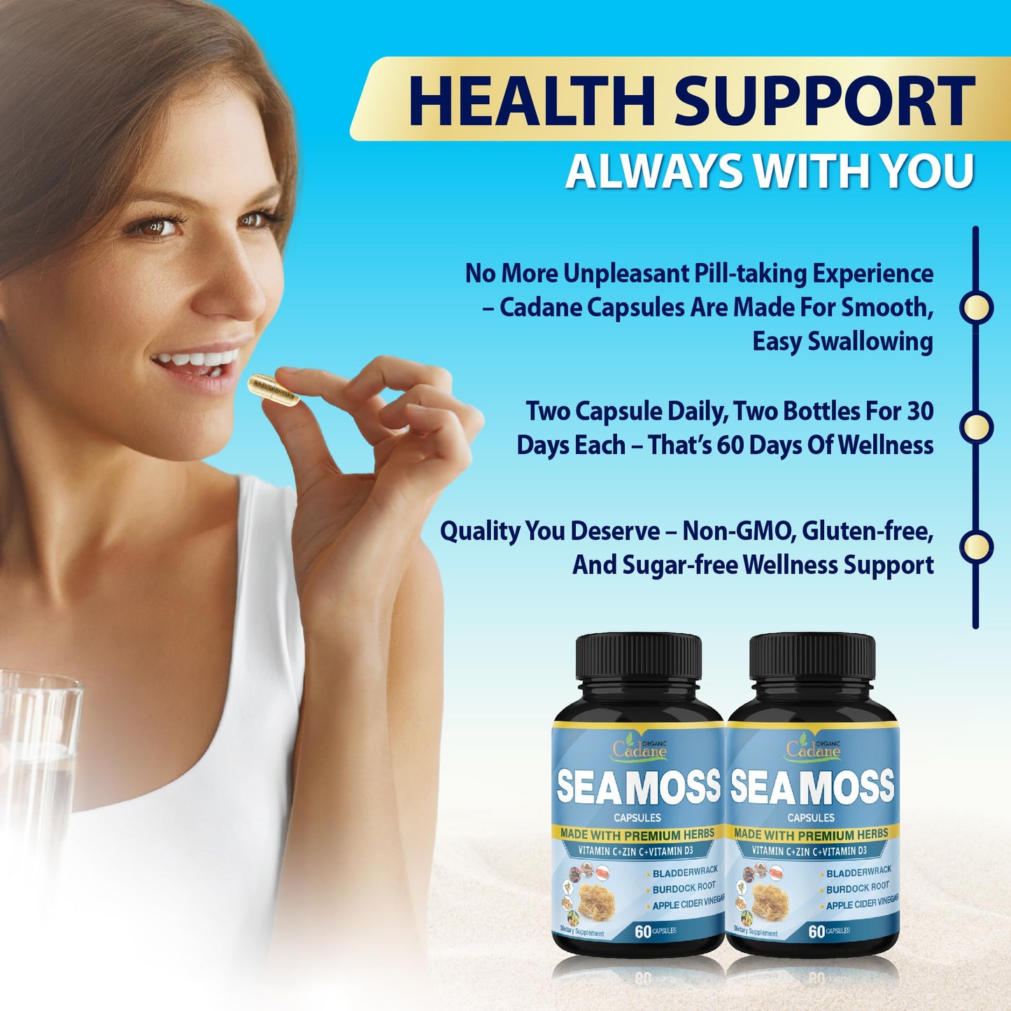 Organic Cadane 2 Packs Irish Sea Moss Powder Capsules & VitaminC, D3, Zin.C, Bladderwrack, Burdock Root, Apple Cider, Elderberry, Pepper - Supports Immune System & Overall Health