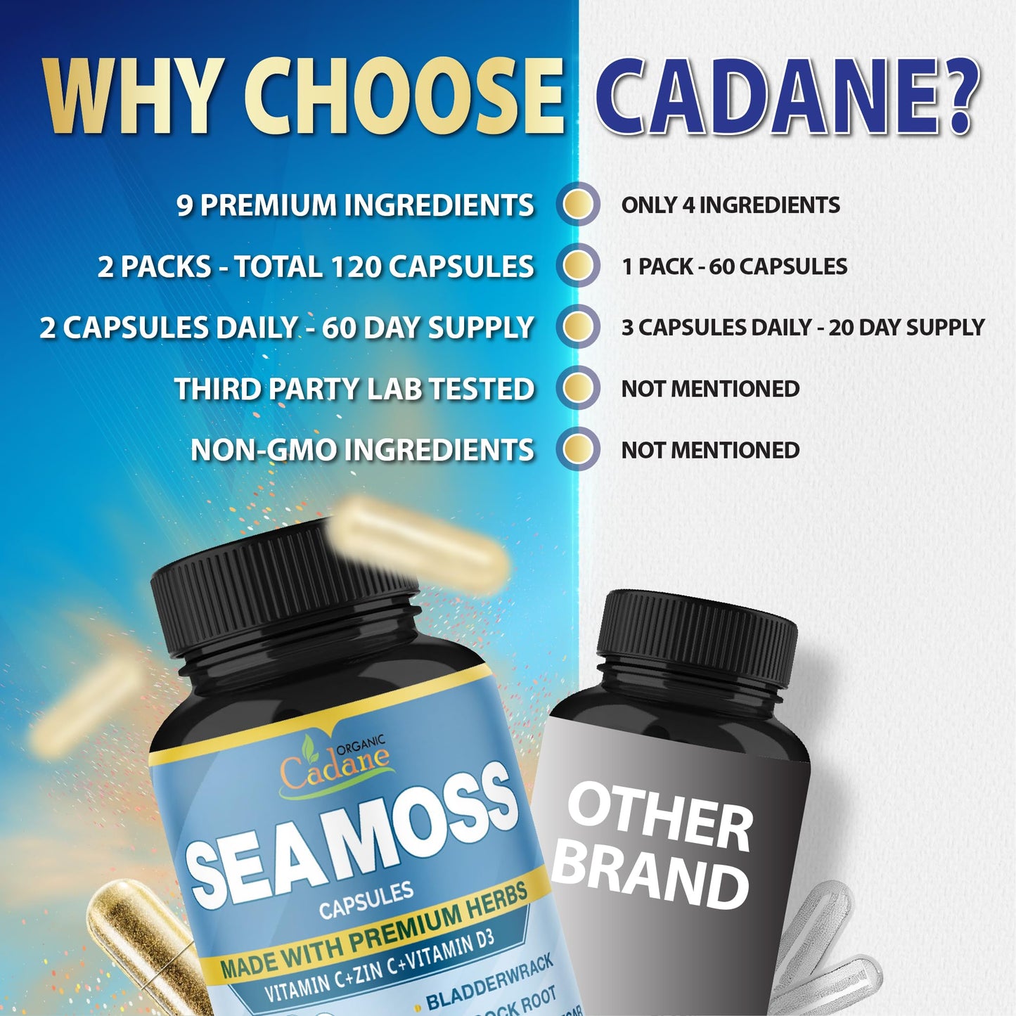 Organic Cadane 2 Packs Irish Sea Moss Powder Capsules & VitaminC, D3, Zin.C, Bladderwrack, Burdock Root, Apple Cider, Elderberry, Pepper - Supports Immune System & Overall Health