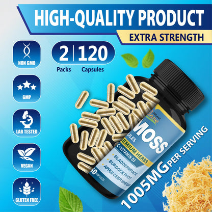 Organic Cadane 2 Packs Irish Sea Moss Powder Capsules & VitaminC, D3, Zin.C, Bladderwrack, Burdock Root, Apple Cider, Elderberry, Pepper - Supports Immune System & Overall Health