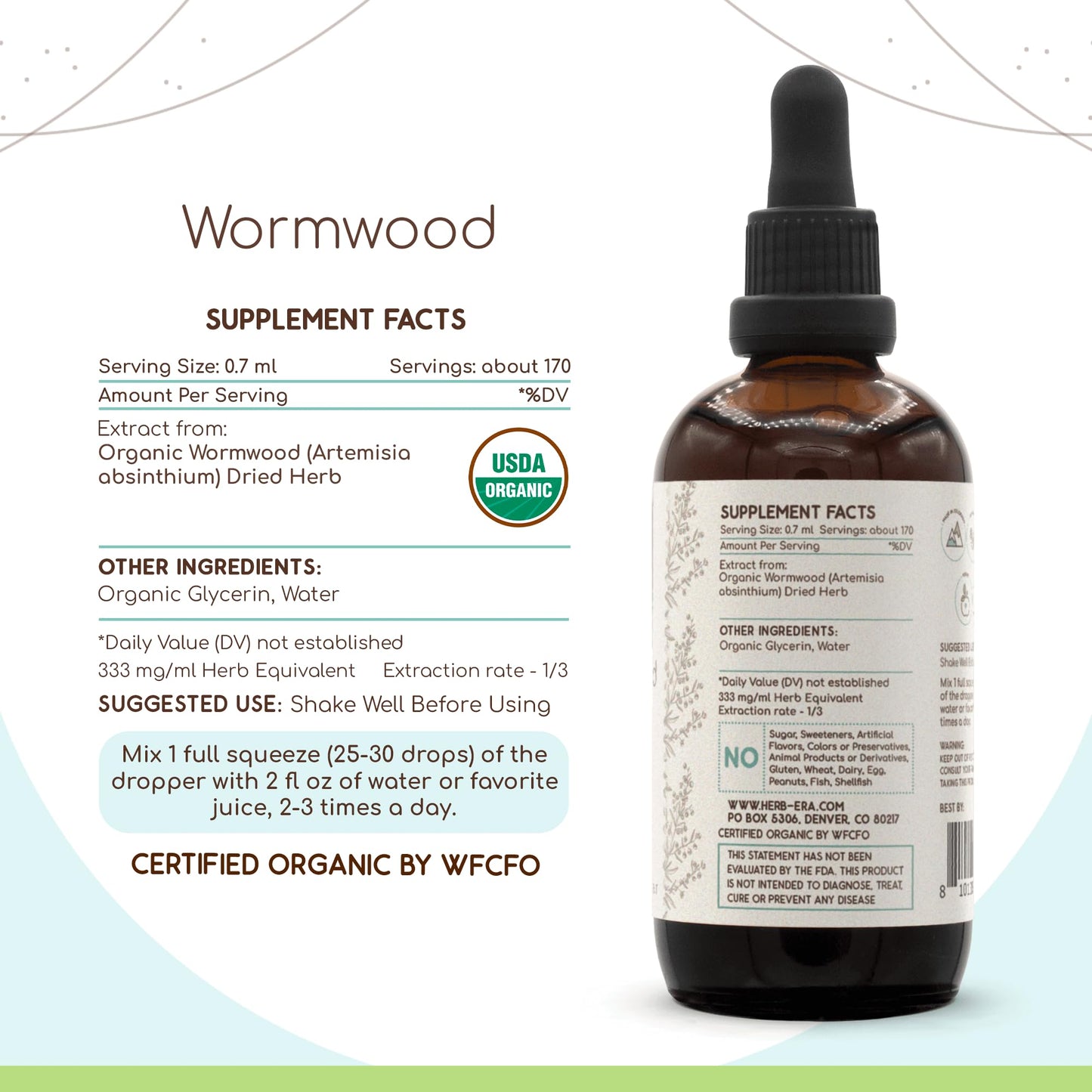 HerbEra Wormwood B120 USDA Organic Tincture - Alcohol-Free, High-Potency Herbal Drops (4 oz)