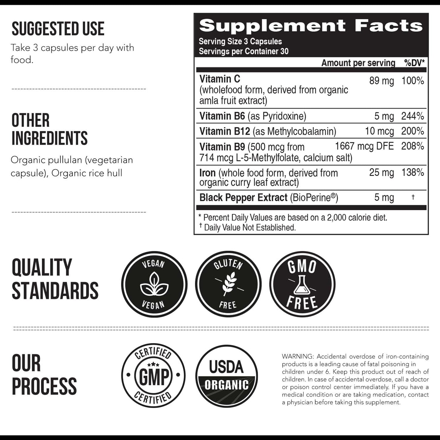 Organic Iron Supplement | Whole Food Mineral & Cofactors, 25 mg Elemental | Enhanced Absorption Plus Blood Health Vitamins – Gentle Form – Supports Healthy Levels & Blood Health – 90 Capsules
