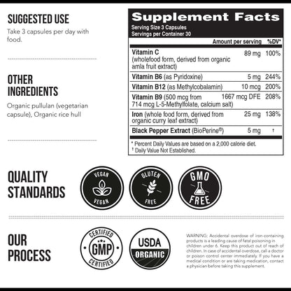 Organic Iron Supplement | Whole Food Mineral & Cofactors, 25 mg Elemental | Enhanced Absorption Plus Blood Health Vitamins – Gentle Form – Supports Healthy Levels & Blood Health – 90 Capsules