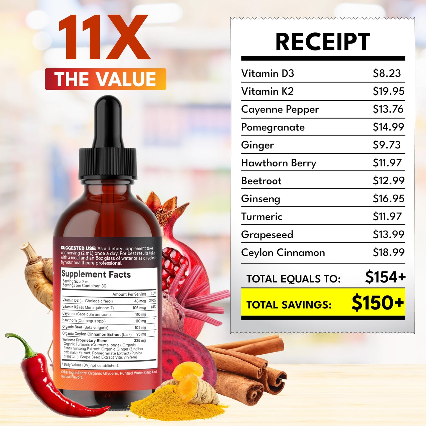 Cayenne Pepper Liquid Drops with Hawthorn Berry, Vitamin D3 K2 – 6oz