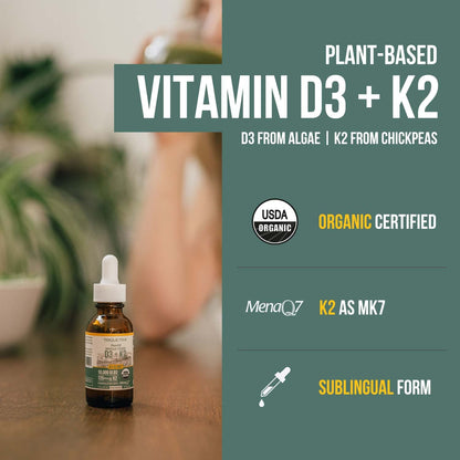 Organic Plant D3 + K2 Drops — 5,000 IU D3, 120 mcg MK7 | 100% Vegan Sublingual