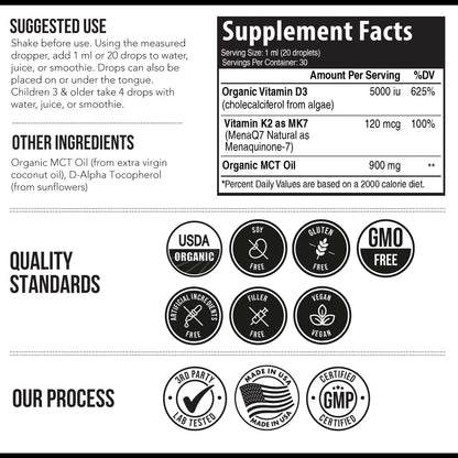 Organic Plant D3 + K2 Drops — 5,000 IU D3, 120 mcg MK7 | 100% Vegan Sublingual