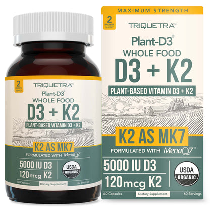 Organic Plant D3 + K2 MK7 - 5000 IU D3, 120 mcg K2 from MenaQ7® (All-Trans MK7) | Whole Food, Vegan | 60 Count