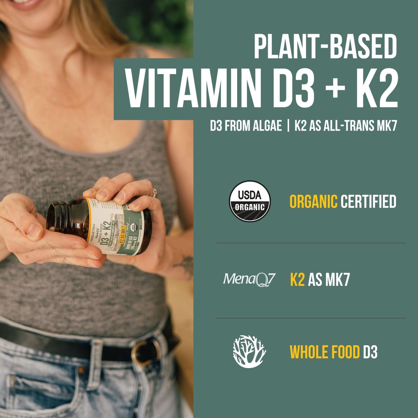 Organic Plant D3 + K2 MK7 - 5000 IU D3, 120 mcg K2 from MenaQ7® (All-Trans MK7) | Whole Food, Vegan | 60 Count