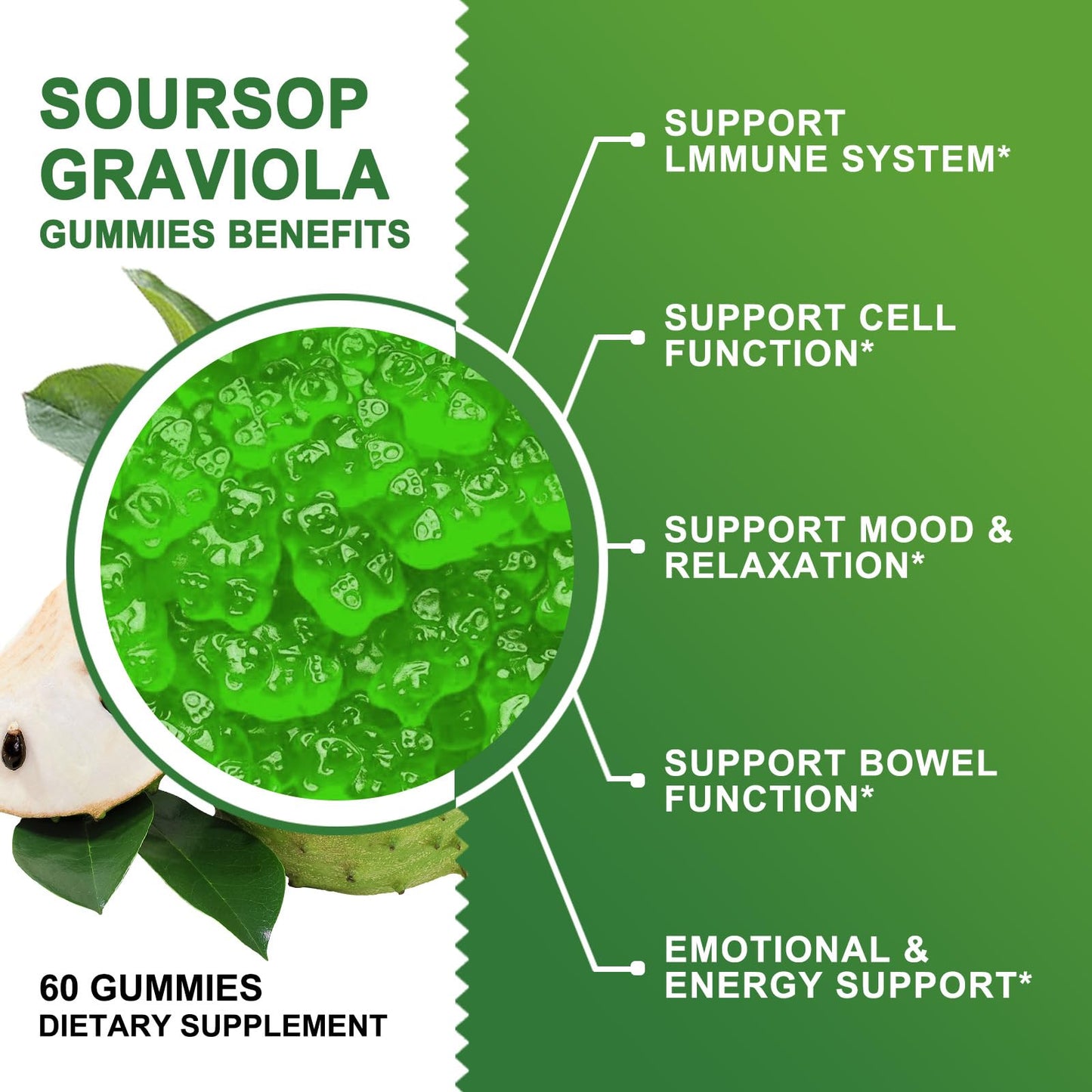 Organic Soursop Graviola Gummies – 2200mg, Zinc & Vitamin C (60)