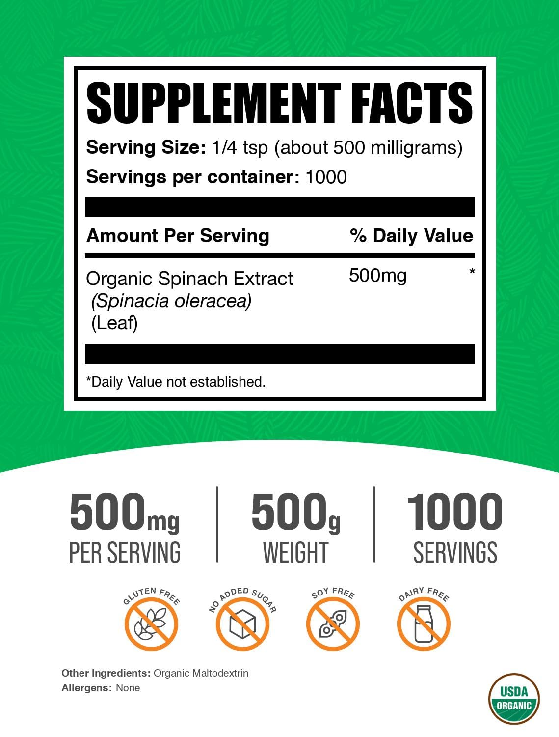 BulkSupplements Organic Spinach Extract Powder – Spinach Powder, Gluten Free, 500mg/Serving, 500g (Pack of 1)