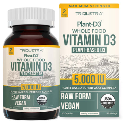 Organic Vitamin D3 5000 IU – Vegan Plant-Based Cholecalciferol, 60 Capsules