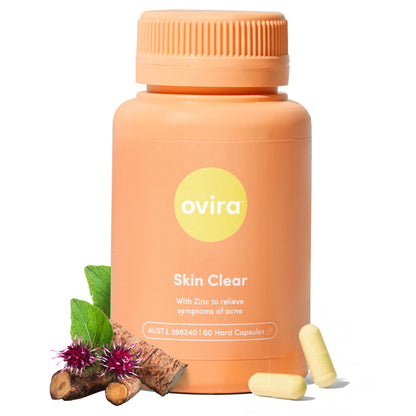Ovira Skin Clear with ZINCBRIGHT - 60 Capsules for Clear & Glowing Skin | Rosacea & Hormonal Acne Treatment with Vitamin C | Support Collagen Production | Acne Supplements for Women & Men - Pack of 1