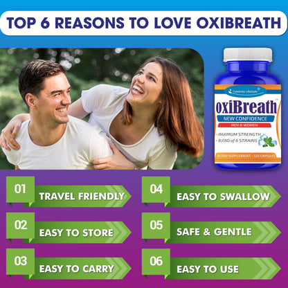 OxiBreath Oral Probiotics – Probiotic for Bad Breath & Halitosis Support – Fresh Breath Supplement with Prebiotics FOS & XOS – DE111® & 6-Strain Dental Probiotic Blend – 120 Ct – 2 Months Supply