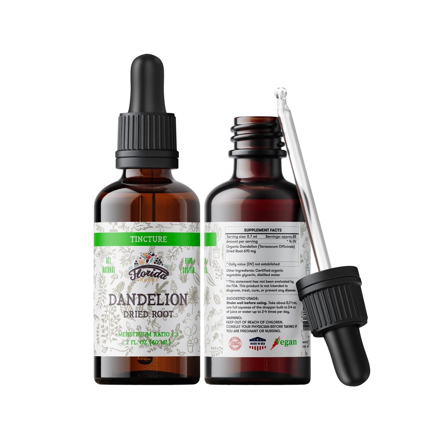 Florida Herbs Dandelion Root Tincture Organic - Non-GMO, Cold-Pressed Glycerin, 2 oz, 685 mg (Pack of 2)