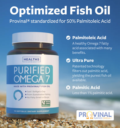 Omega 7 Supplement for Women and Men - High Potency Palmitoleic Acid, Purified Provinal, 3-Month Supply