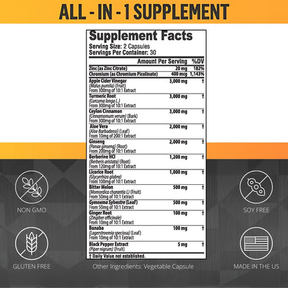 Ceylon Cinnamon Capsules + Apple Cider Vinegar – Turmeric 3000mg, Berberine 1200mg, 60 Count