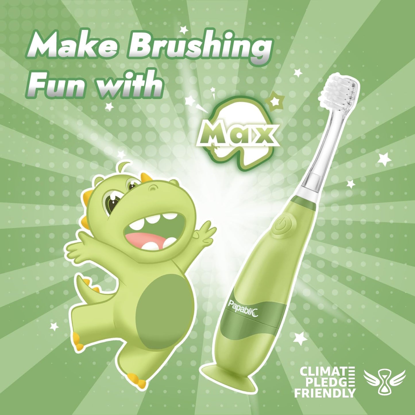 Papablic Toddler Sonic Electric Toothbrush Max for Ages 1-3 | Dino Cover, LED Timer, 2 Brush Heads