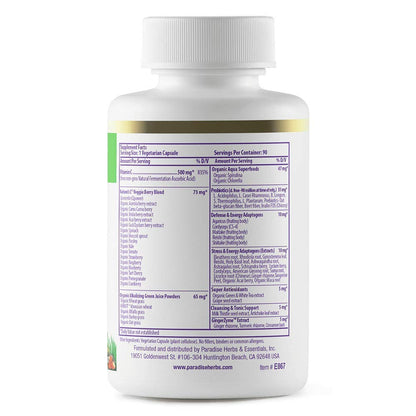 Paradise Earth's Blend Vitamin C with Adaptogens & Organic Greens | 90 Vegetarian Capsules