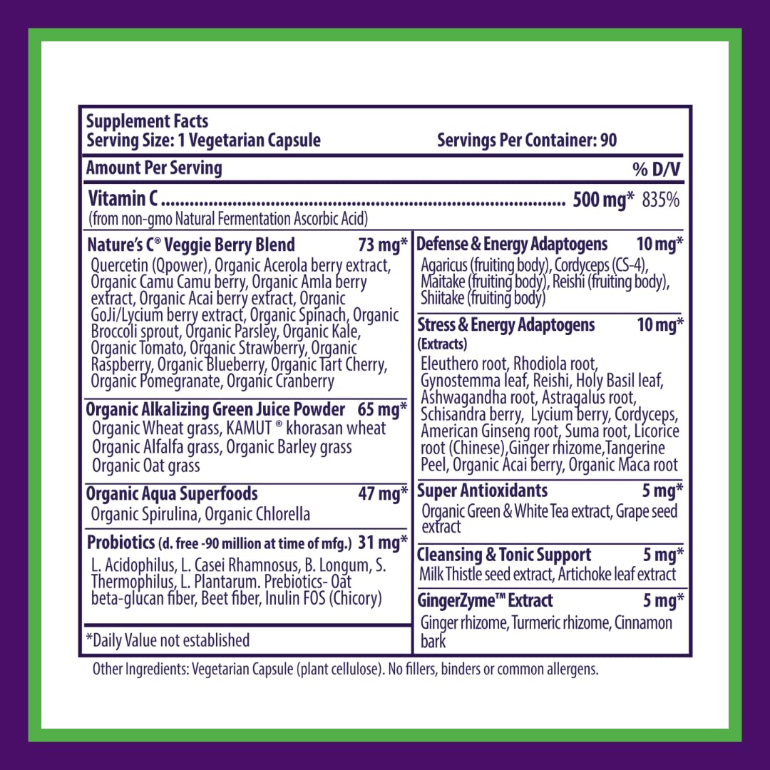 Paradise Herbs Earth's Blend Vitamin C with Nature's C, Adaptogens & Probiotics — ORAC Energy Greens Base, 90 Veg Capsules (Pack of 2)