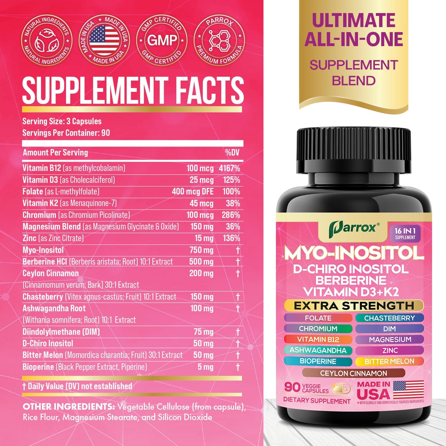 Parrox Myo-Inositol 16-in-1 Supplement | D-Chiro Inositol, DIM, Berberine, D3 + K2 | 3-Month Supply