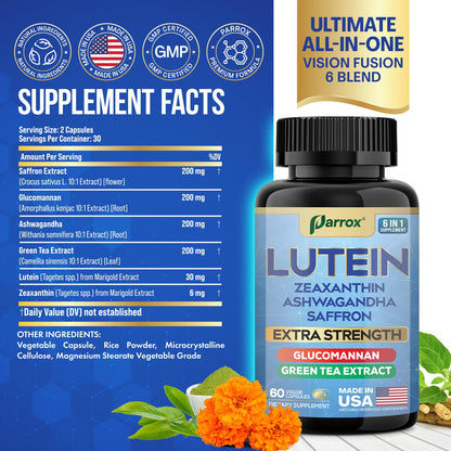 Parrox 6-in-1 Lutein & Zeaxanthin Eye Health Supplement – 2 Pack (60-Day) – Plant-Based Formula
