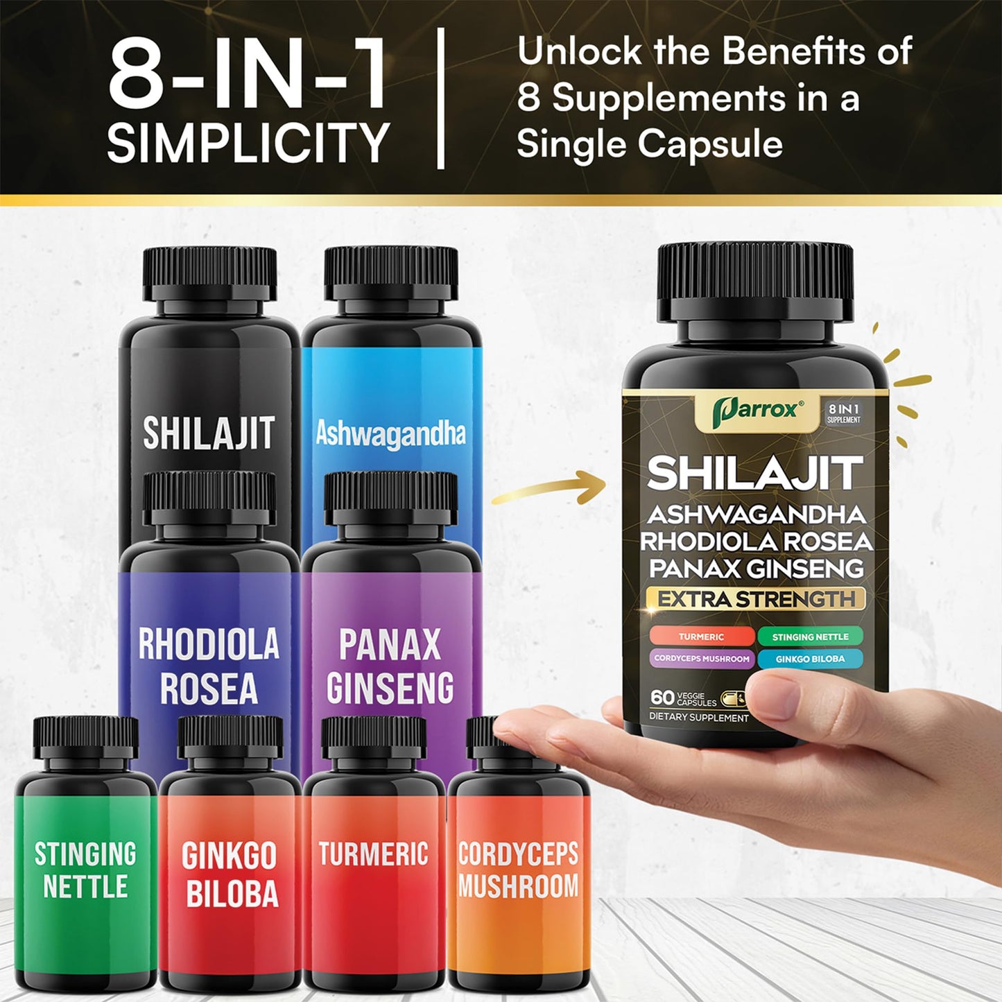 Parrox Shilajit Supplement – 8-in-1 All-in-One Capsules (60 Caps)
